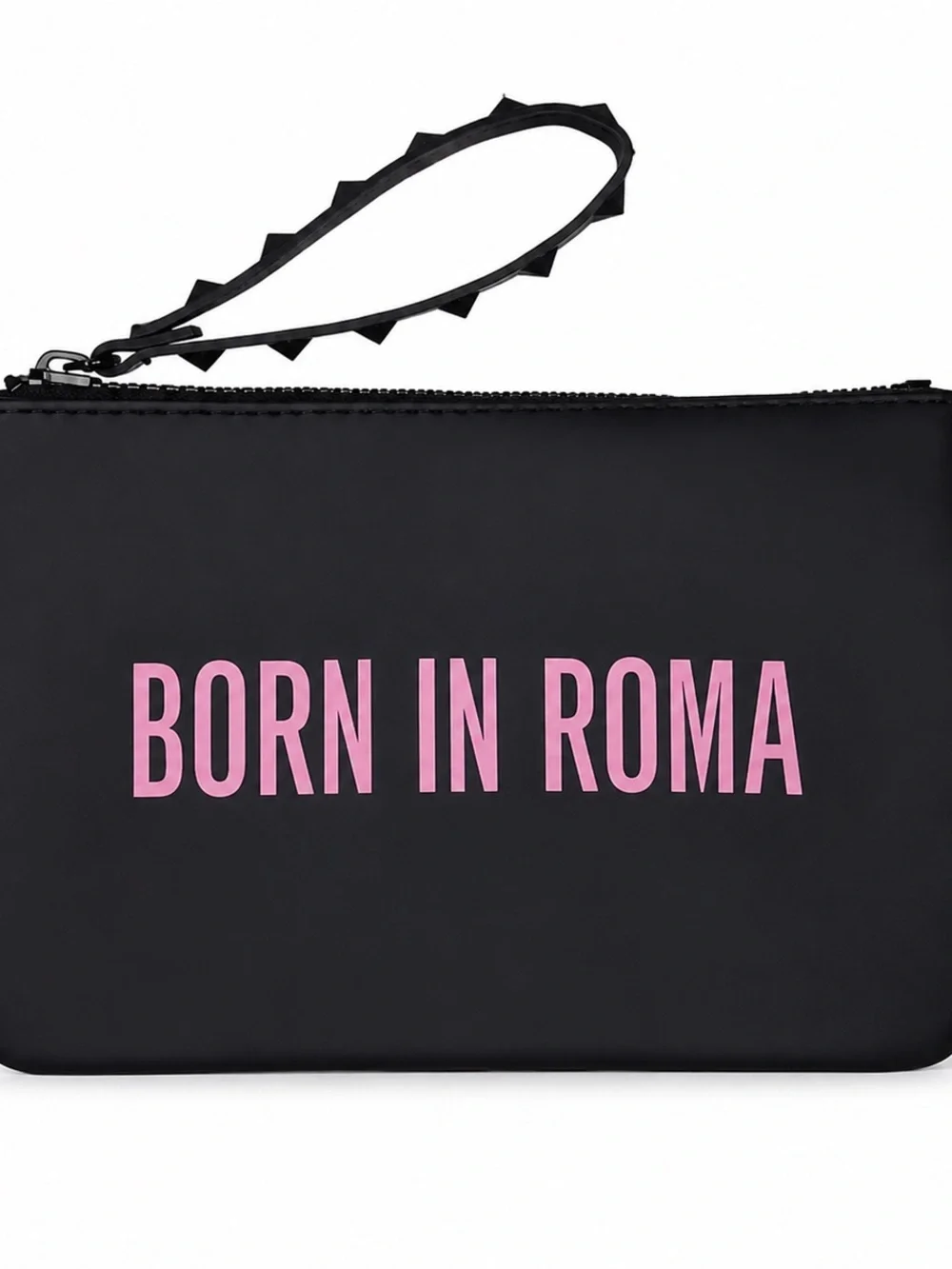 VALENTINO | “Born In Roma” Black Wristlet Pochette with Pink Logo